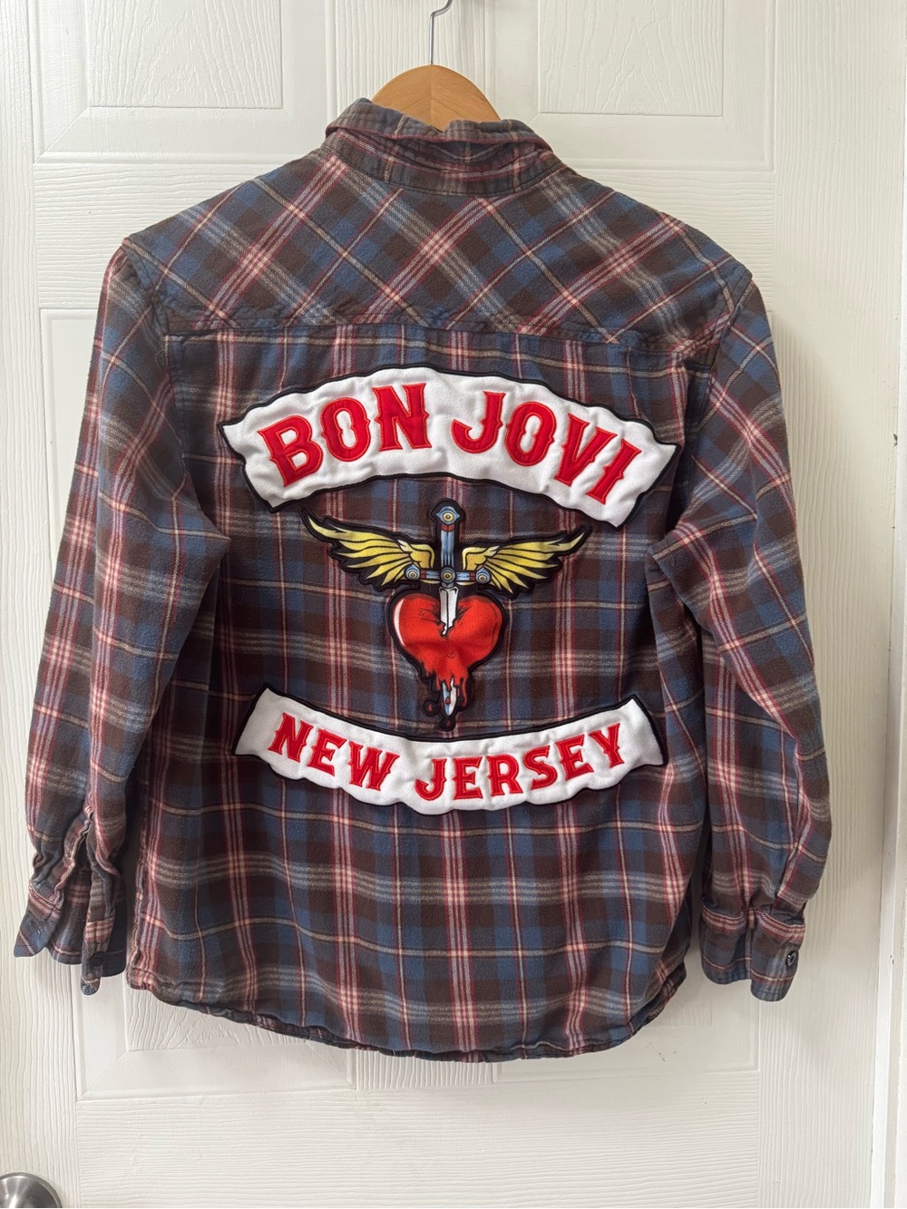 Bon Jovi Womens  Casual Blue and Brown Plaid Button-Down Shirt